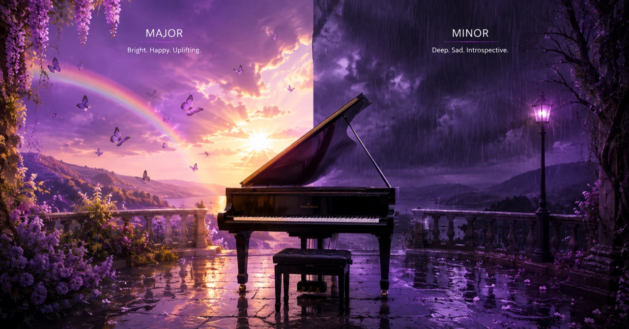 An artistic take on major (bright) and minor (dark) moods with a piano between them.